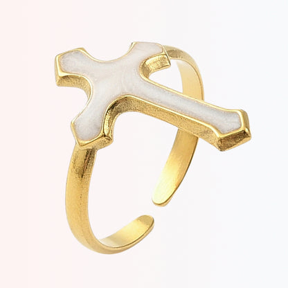 Sortija Cuff Ajustable con Cruz en Stainless Steel Dorado 18K