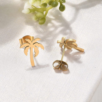 Pantallas Stud con Diseño de Palmera en Stainless Steel Dorado 18K