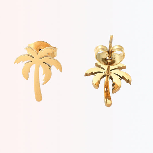 Pantallas Stud con Diseño de Palmera en Stainless Steel Dorado 18K
