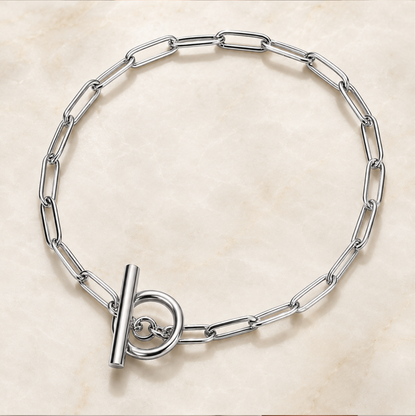 Pulcera plateada en stainless steel en eslabones tipo 'paperclip', cieere toggle