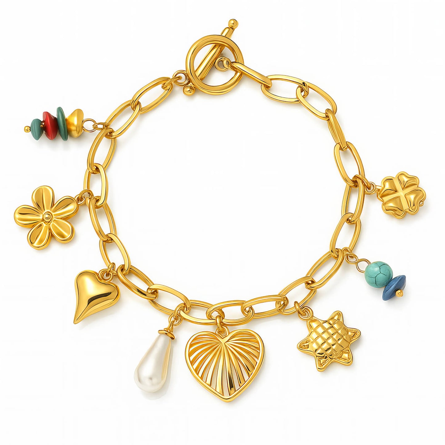 Pulsera dorada con charms variados y detalles de color