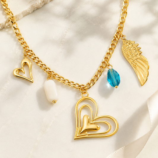 Collar de eslabones dorados con diferentes charms, estilo Boho chic en stainless steel, 18k gold plated