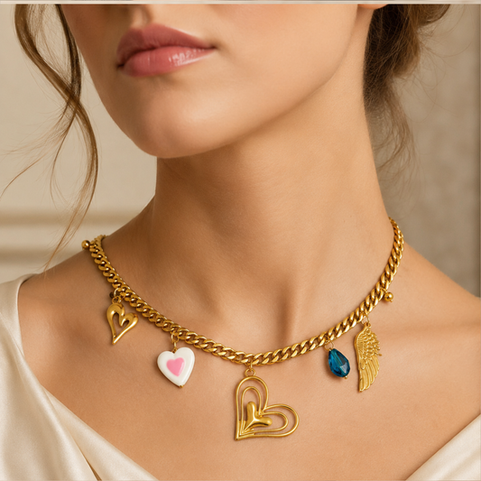Collar de eslabones dorados con diferentes charms, estilo Boho chic en stainless steel, 18k gold plated