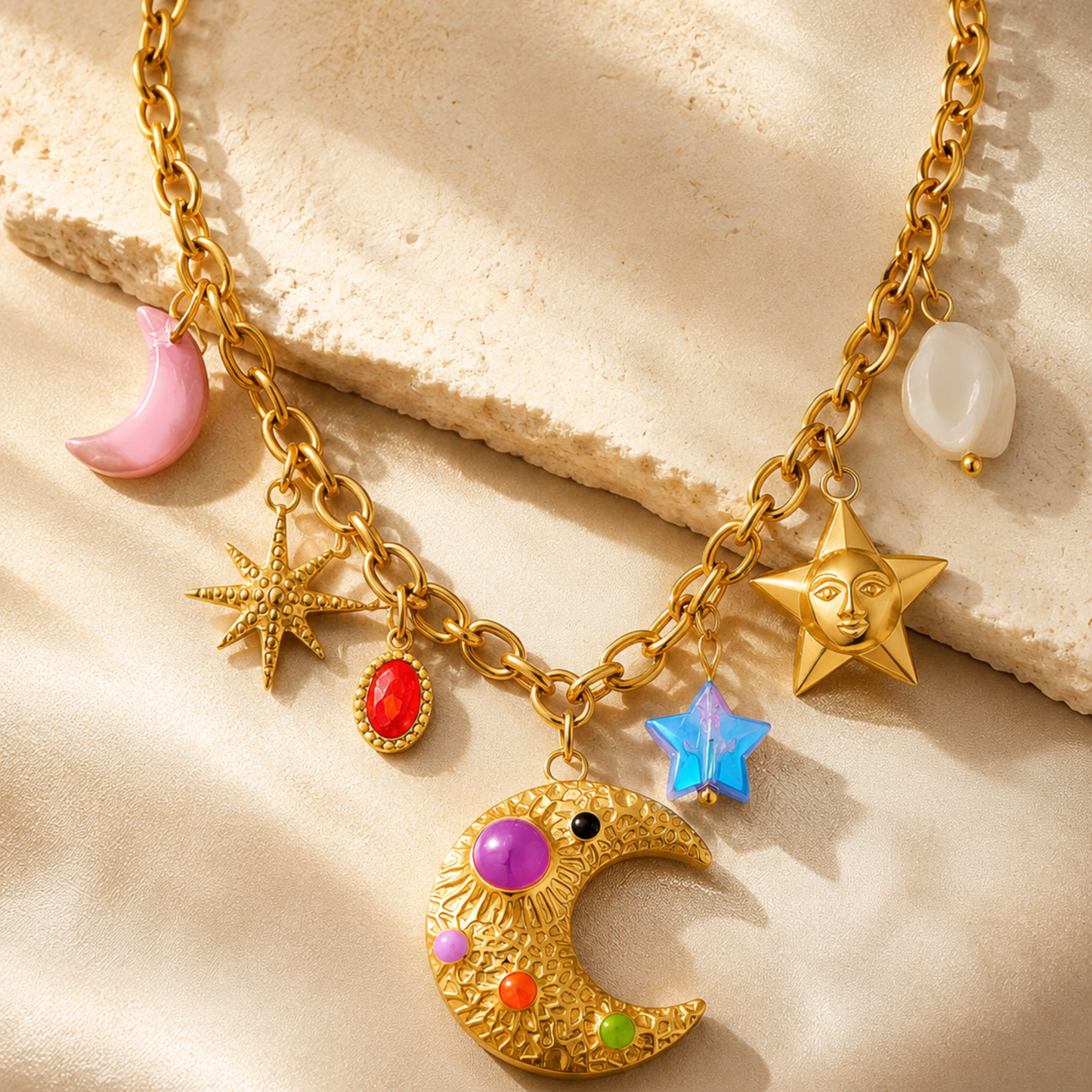 Collar con charm de Luna y estrellas en stainless steel, Dorado