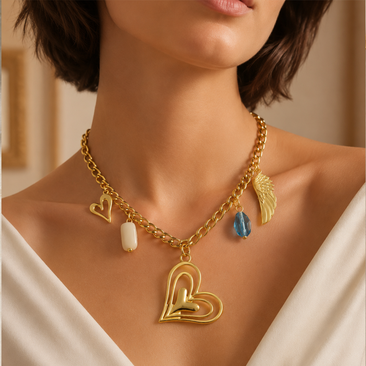 Collar de eslabones dorados con diferentes charms, estilo Boho chic en stainless steel, 18k gold plated