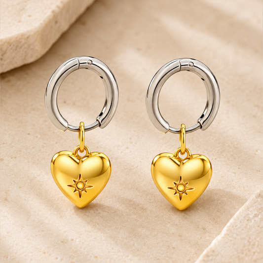 Pantallas doble tono de corazón con un diseño del sol en stainless Steel  y con baño de oro de 18K