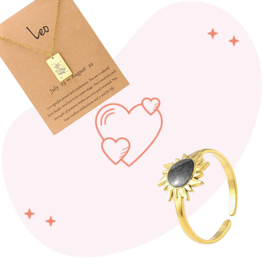Set Leo: Collar y Sortija Cuff Ajustable con Sol Negro en 18K