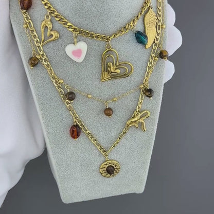 Collar de charms mixto con lazo Dorado y tonos brown (Stainless Steel)